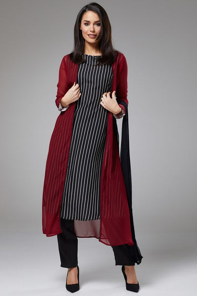 FIRED BRICK MAROON AND BLACK JACKET STYLE DESIGNER READY TO WEAR DRESS - Asian Party Wear