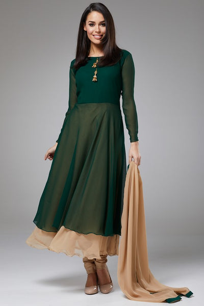 DARK GREEN DOUBLE FLARED GIRLS FROCK FOR MEHNDI/MAYOUN - Asian Party Wear