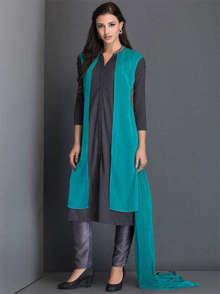 AQUAMARINE JACKET STYLE CONTRAST MATCHING SUIT - Asian Party Wear