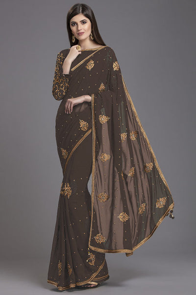 BROWN INDIAN DESIGNER WEDDING SAREE - Asian Party Wear