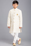 WHITE JACQUARD JACKET STYLE KURTA AND PAJAMA YOUNG BOYS EID SUIT - Asian Party Wear