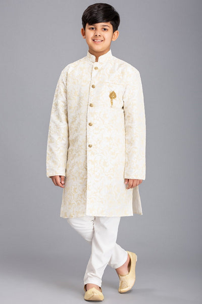 WHITE JACQUARD JACKET STYLE KURTA AND PAJAMA YOUNG BOYS EID SUIT - Asian Party Wear