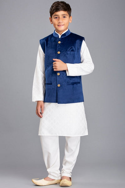 White Blue Velvet Boys Waistcoat - Asian Party Wear