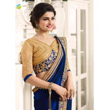 17701 TRUE BLUE AND GOLD KASEESH PRACHI GEORGETTE SAREE WITH HEAVY EMBROIDERED BLOUSE - Asian Party Wear