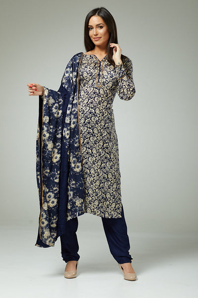 ZACD-148 NAVY BLUE FLORAL PRINTED PUNJABI PAKISTANI STYLE SALWAR KAMEEZ - Asian Party Wear