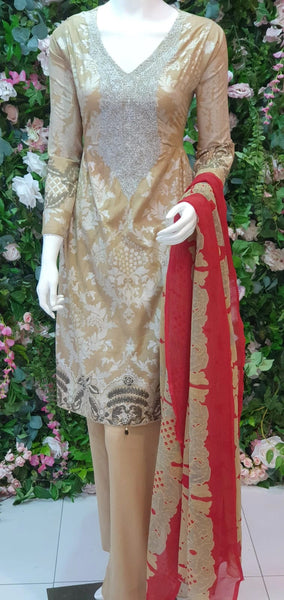 SUNLIGHT BEIGE PEPLUM INDIAN PAKISTANI READYMADE LAWN SUIT - Asian Party Wear