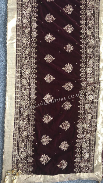 Plum Heavy Embroidered Traditional Velvet Shawl - Asian Party Wear