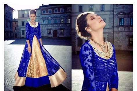 FL7347-A BLUE AND GOLD GEORGETTE FLORAL ANARKALI SUIT - Asian Party Wear