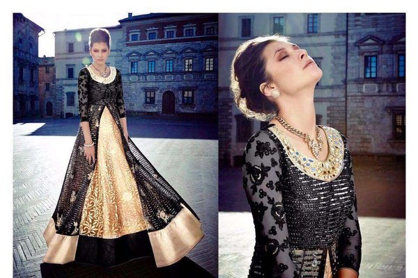 FL7347-B BLACK AND GOLD GEORGETTE FLORAL ANARKALI SUIT - Asian Party Wear