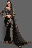 ZAC20-09 BLACK EVENING WEAR DRAPE EMBROIDERED BLOUSE SAREE - Asian Party Wear