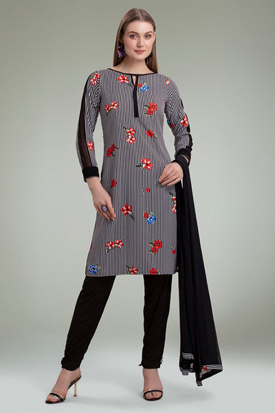 GRACEFUL BLACK AND WHITE FLORAL PRINTED SALWAR KAMEEZ SUIT - Asian Party Wear