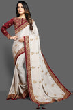 BRILLIANT WHITE & MAROON EMBROIDERED BLOUSE PAKISTANI WEDDING SAREE - Asian Party Wear