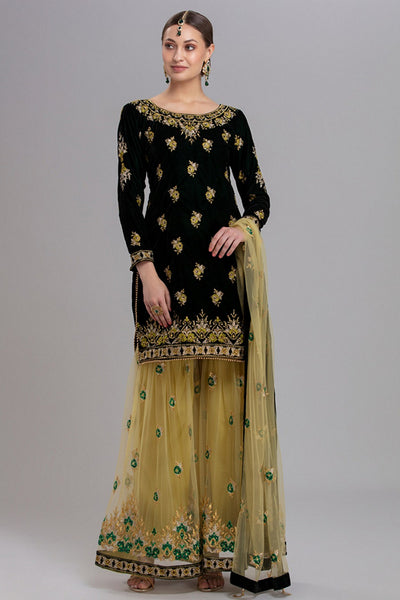 DARK GREEN AND BEIGE INDIAN WEDDING PALAZZO SHARARA DRESS - Asian Party Wear