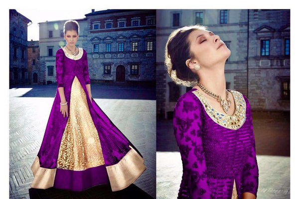 FL7347-C PURPLE AND GOLD GEORGETTE FLORAL ANARKALI SUIT - Asian Party Wear