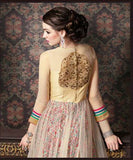 4709 BEIGE AND YELLOW CHENAB DESIGNER EMBROIDRED NET ANARKALI SUIT - Asian Party Wear