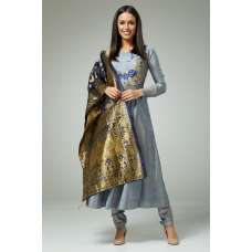 ASYMMETRIC BLUE GREY SILK ANARKALI CHURIDAR SUIT - Asian Party Wear