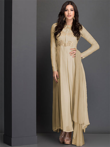 AC-39 BEIGE LONGLINE WITH PLATED SKIRT DESIGNER READY MADE DRESS - Asian Party Wear