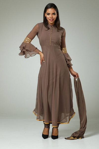 BROWN READY TO WEAR A LINE SKATE DRESS - Asian Party Wear