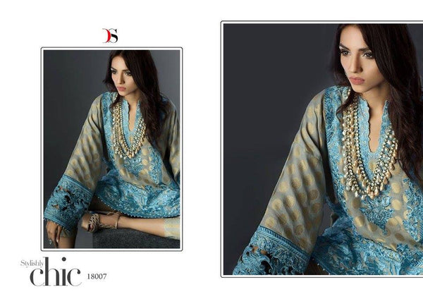 18007 BLUE DEEPSY ASSENT DESIGNER CAMBRIC COTTON SUIT - Asian Party Wear