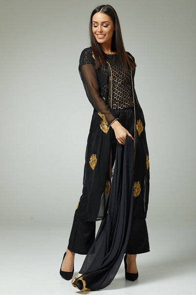 BLACK ANTIQUE EMBROIDERED READYMADE DRESS SUIT - Asian Party Wear