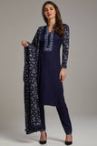 Navy Blue Designer Winter Salwar kameez large size - Asian Party Wear