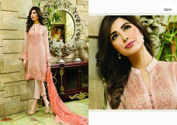 ZQ-04 PEACH ZARQASH NX EMBROIDERED PARTY WEAR SALWAR KAMEEZ SUIT - Asian Party Wear