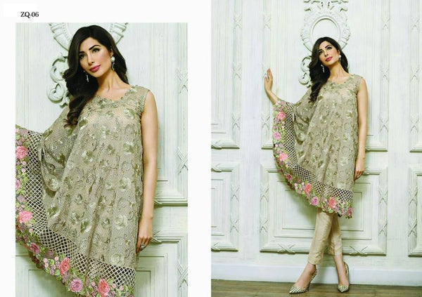 ZQ-06 GREEN BEIGE ZARQASH SEMI STITCHED SALWAR KAMEEZ SUIT - Asian Party Wear