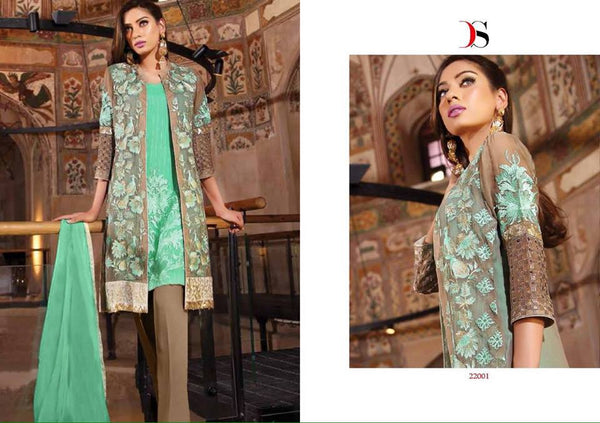 22001 ULTRAMARINE GREEN AND BROWN BAROQUE 3  EMBROIDERED SUIT - Asian Party Wear