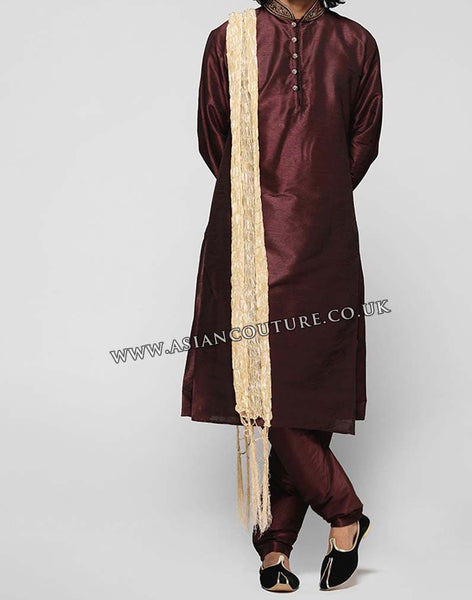 Wine Silk Kurta Pajama Indian Men's Festive Outfit - Asian Party Wear