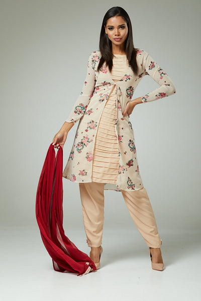 PEACH FASHIONABLE JACKET STYLE FLORAL PRINTED SALWAR SUIT - Asian Party Wear