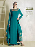 Teal Blue Fancy Party Suit Indian Side Slit Dress - Asian Party Wear