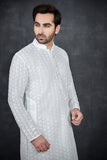 White Chikenkari Kurta Indian Designer Men Suit - Asian Party Wear