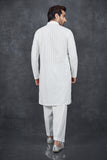 White Chikenkari Kurta Indian Designer Men Suit - Asian Party Wear