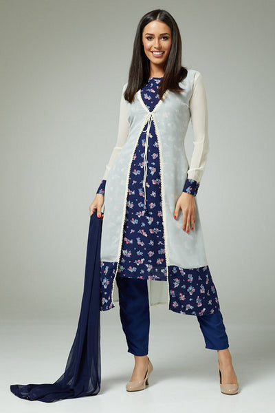 CLASSIC BLUE FLORAL PRINTED JACKET STYLE SALWAR SUIT - Asian Party Wear