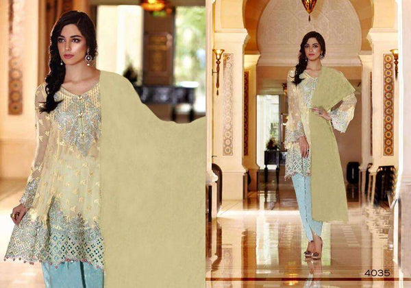 ZMB-4035 BEIGE AND BLUE MARIA B STYLE PAKISTANI SALWAR KAMEEZ SUIT - Asian Party Wear