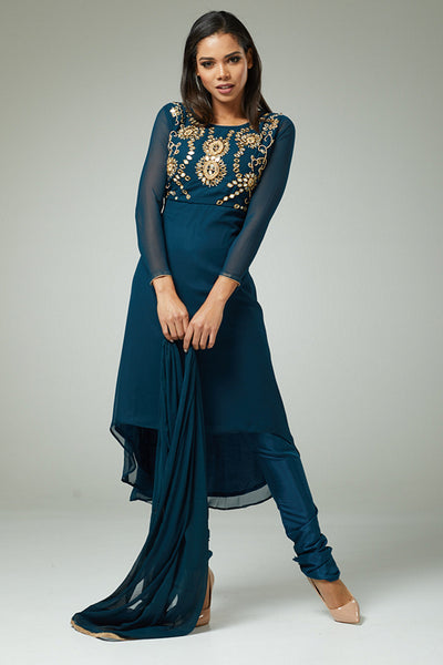 MIDNIGHT TEAL BLUE CHURIDAR SUIT - Asian Party Wear