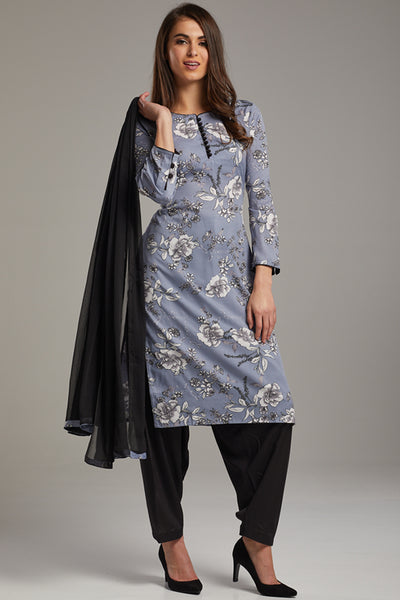 Grey & Black Pakistani Designer Ready To Wear Salwar Kameez - Asian Party Wear