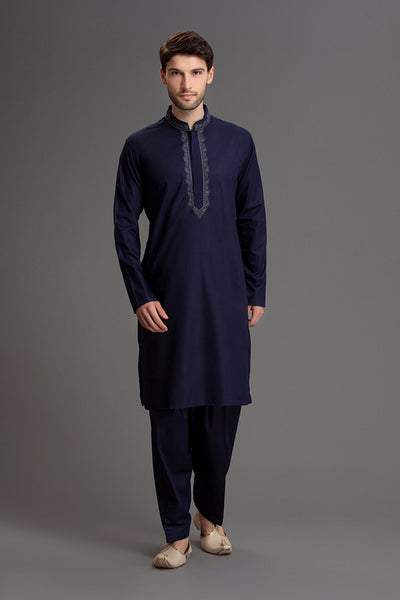 Pakistani Mens Suit Navy Blue Designer Menswear Kurta Shalwar - Asian Party Wear