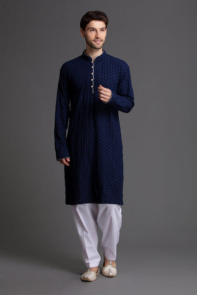 Sophisticated Blue & White Kurta Shalwar Pakistani Designer Menswear - Asian Party Wear