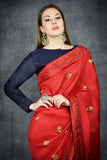 Flame Scarlet Red & Navy Blue Embroidered Ethnic Wear Saree - Asian Party Wear