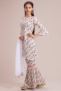 OFF WHITE FLORAL PRINTED GIRL GHARARA - Asian Party Wear