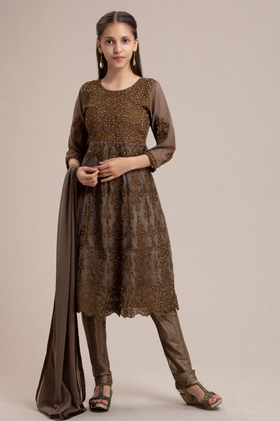 ZCG-54 BROWN PAKISTANI DESIGNER GIRLS PUNJABI CHUIRDAR STYLE SUIT - Asian Party Wear