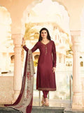 Burgundy Royal Crepe Silkina Designer Churidar Suit - Asian Party Wear