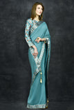 Faded Denim Plain Saree With Floral Printed Blouse - Asian Party Wear