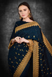 Peacock Blue & Gold Border Designer Party Wear Saree - Asian Party Wear