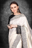 Off White & Black Bridal Party Wear Saree - Asian Party Wear