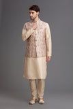 Cream & Gold Menswear Kurta Pajama Waistcoat Set - Asian Party Wear