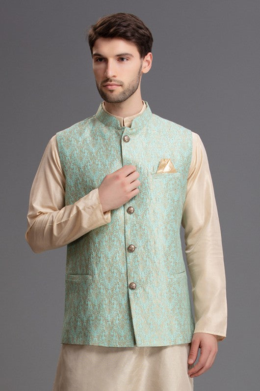 Mint Green Brocade Men's Waistcoat - Main Image