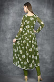 Chive Green Floral Printed Contrast Dupatta Suit - Asian Party Wear