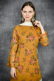 AMBERGLOW MUSTARD FLORAL PRINTED SIDE SLIT CUT SUIT - Asian Party Wear